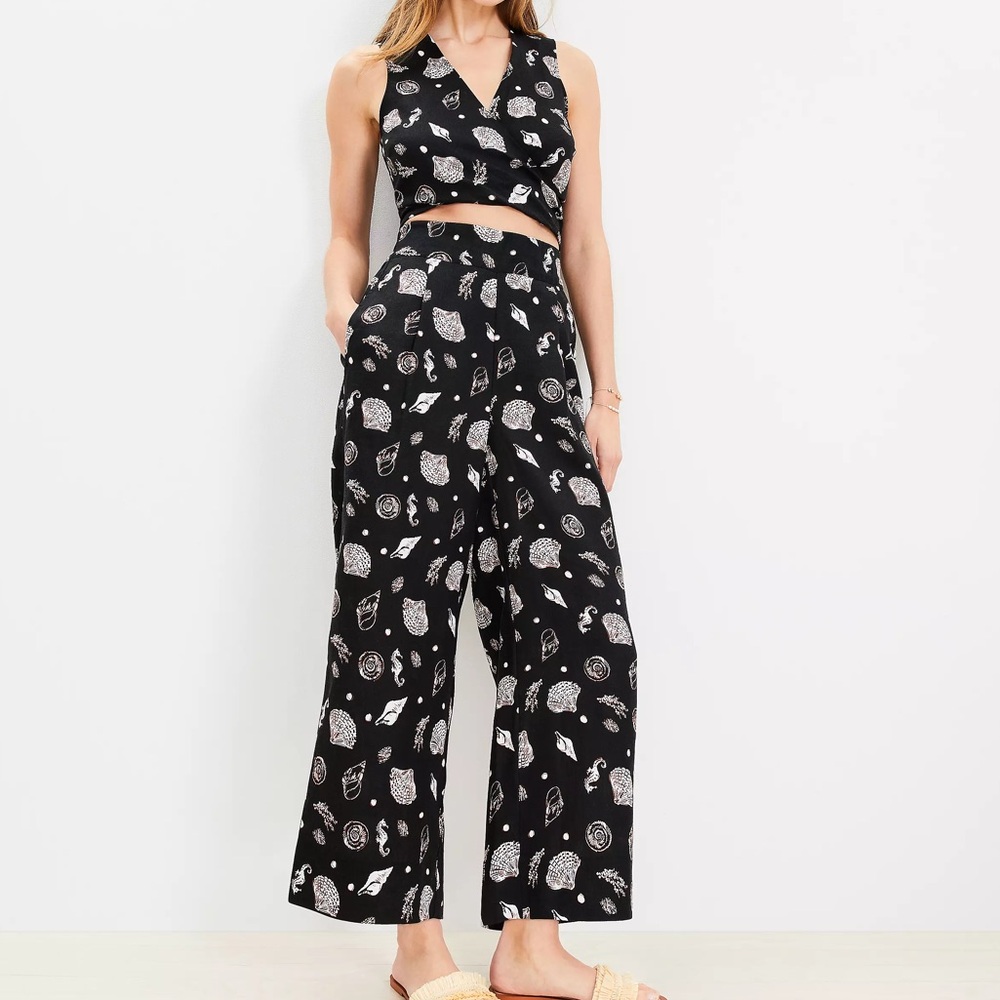 LOFT Beach Seashell Linen Wide Leg Pants & Tie Front Top Set